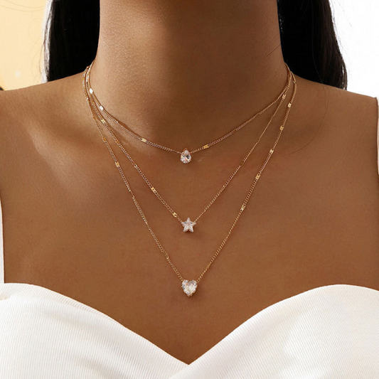 Water Droplet Star Love Three Layer Necklace Women Crystal Zircon Pendant Necklace Chain Collar Chain